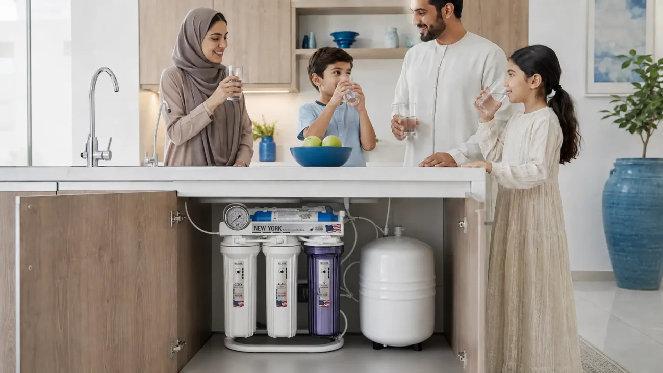 UAE family drinking purified water from an Aqua Hygiene RO system